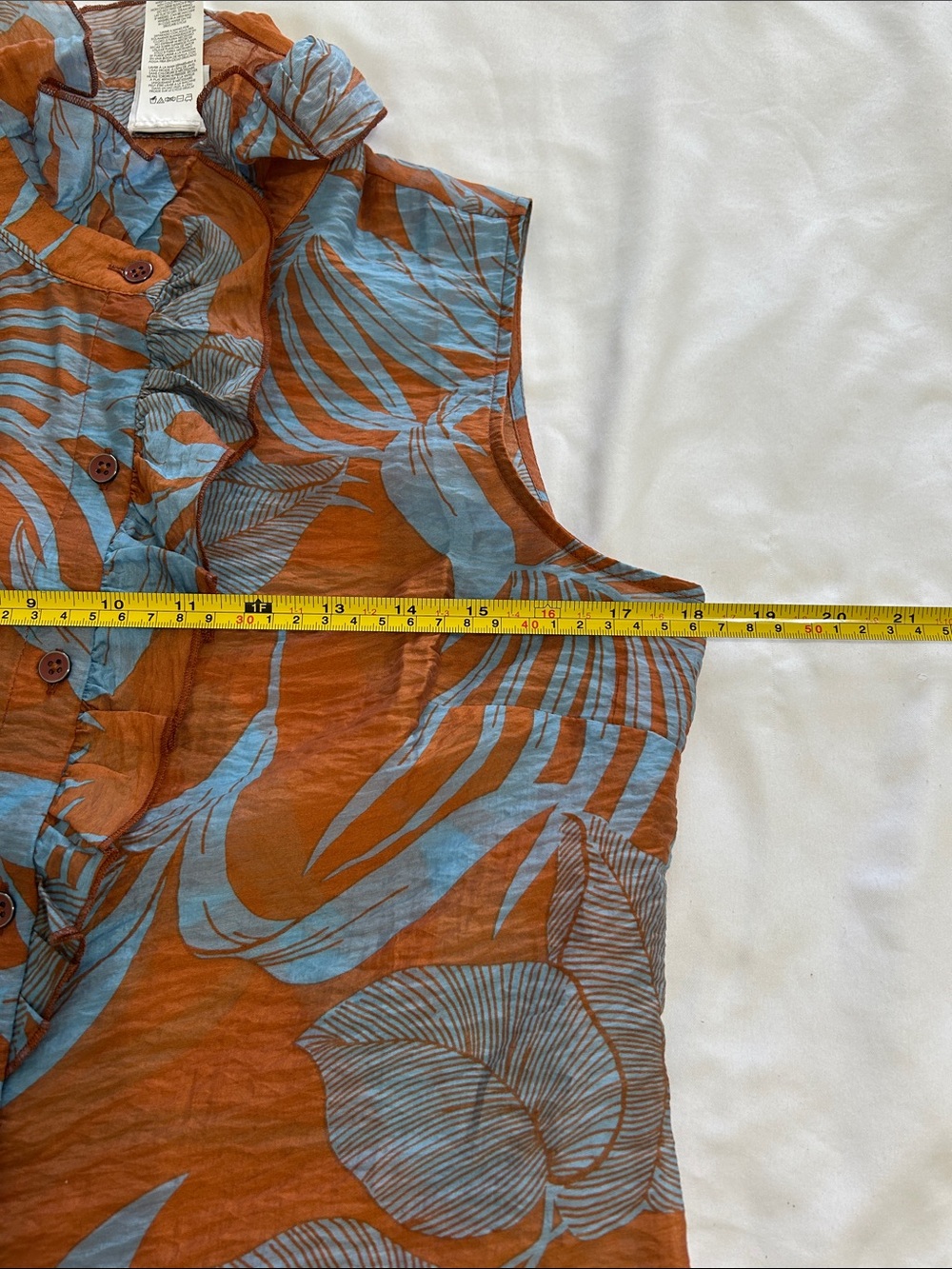 CAbi Rust & Sky Blue Ruffled Mock-Neck Botanical Shell - Picture 7 of 8